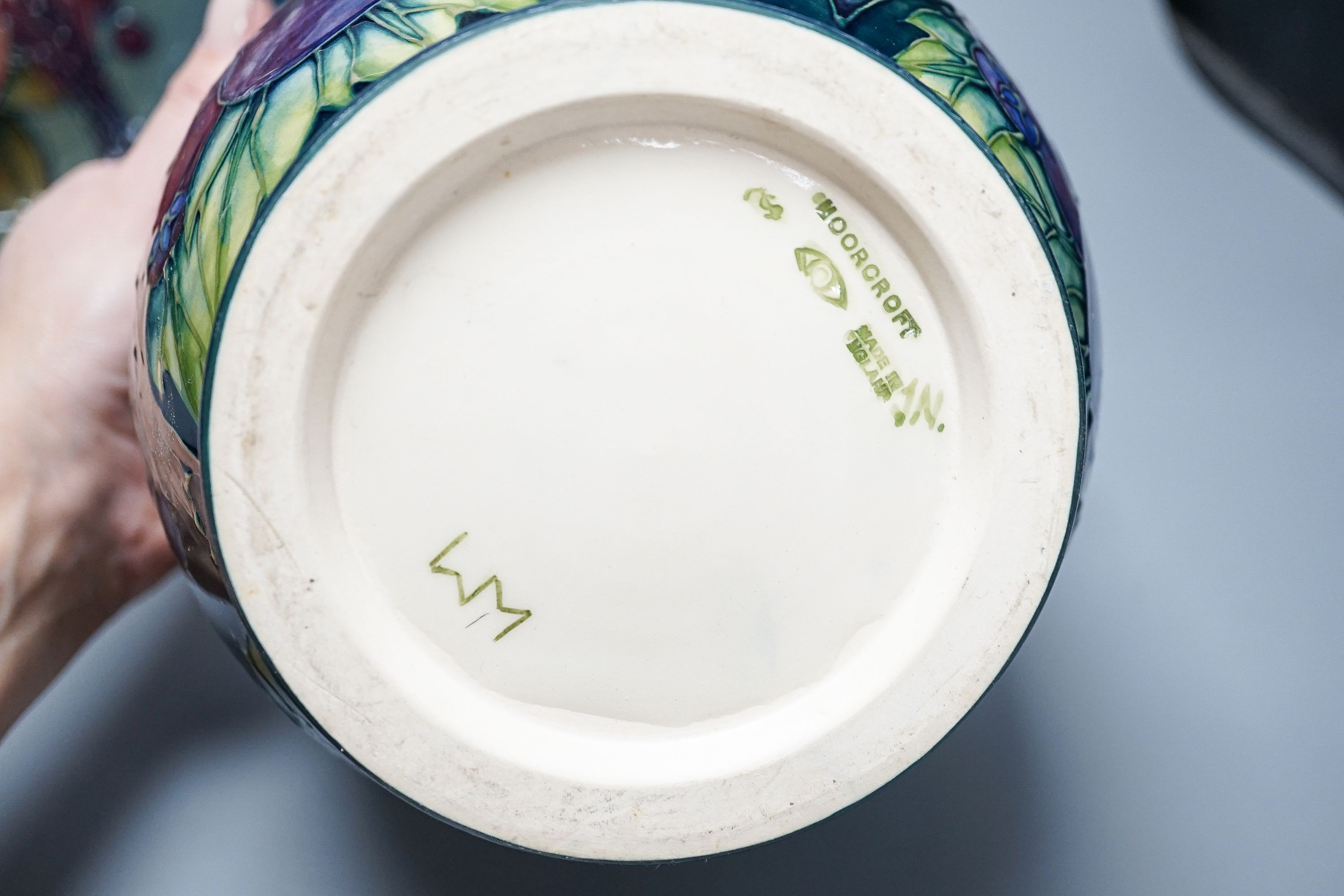 A Moorcroft Finches pattern jardiniere, 16cm high, and a similar Moorcroft dish, circa 1990's
